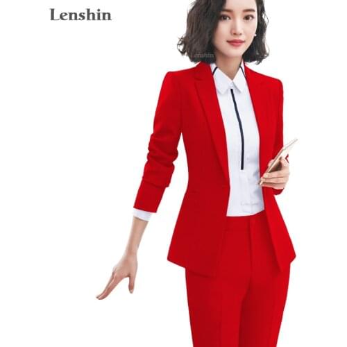 Lenshin 2 Piece Set Simple Formal Pant Suit Blazer with Pockets Office Lady Designs Women Single Button Jacket and Pant