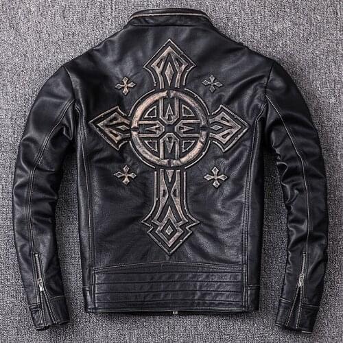 Motorcycle Leather Mens Genuine Leather Motorcycle Jacket Top Layer Cowhide Distressed Retro Large Size Leather Jacket