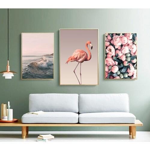 Flamingo Flower Ocean Wall Art Canvas Poster Nordic Minimalist Print Painting Scandinavian Decoration Picture Living Room Decor