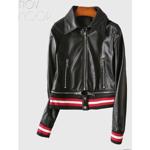 Novmoop high street casual style summer spliced sheepskin genuine leather motor biker jacket women black coat veste LT3165
