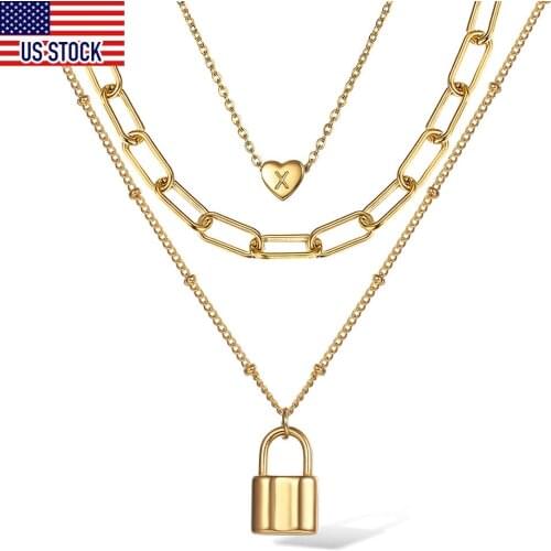 Fashion Multi-layered Choker Pendant Necklace for Women Girls Rolo Box Stainless Steel A-Z Heart Letter Pendant Necklace KN657A