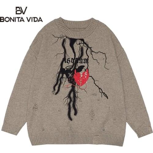 Bonita Vida Hole Hip Hop Mens Pullovers Harajuku Fashion Knitwear Casual Streetwear Long Sleeve Sweater Harajuku Knit Outwear