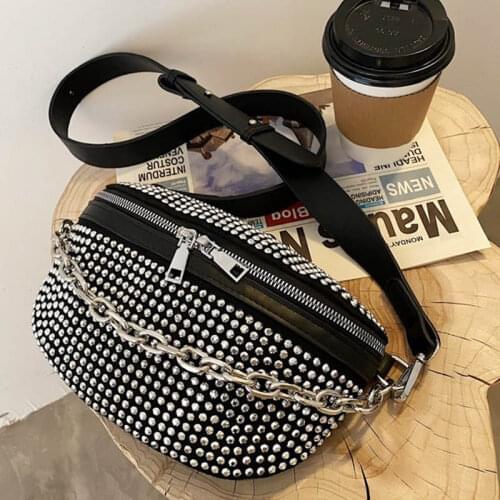 Luxury Women Waist Bag Leather Waist Belt Bag Full Diamond Chain Crossbody Chest Pack Female Shoulder Small Waist pack Hip pack