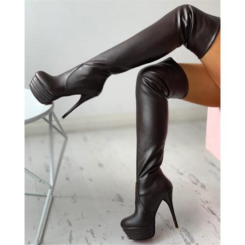 Sexy Small Plus Size 31-46 Winter Add Fur Platform Extreme High Fetish Thin Heels Party Shoes Women Over Knee Boots Female