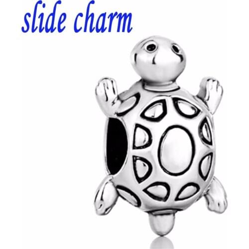 Slide charm Free shipping black and white sea turtle marine life animal charm beads fit Pandora bracelet