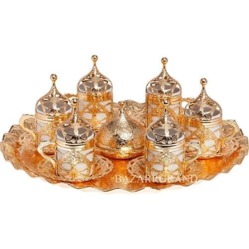 SIX COFFEE SET - HÜRREM - WHITE -YELLOW-TINY-ANTIQUE COPPER-ANTIQUE YELLOW PATTERNED CHIC PRESENTATION FREE SHİPPİNG
