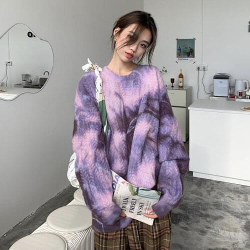 Winter New Women Vintage Tie Dye Oversize Sweater Warm Thick Purple Pullovers Batwing Sleeve BF Tops Knitted Outwears