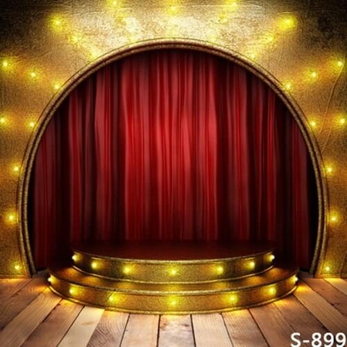 Golden Spark Light Red Curtain Stage Background Photography Custom Vinyl Backdrops with Wood Floor for Kids Photos Wedding Props