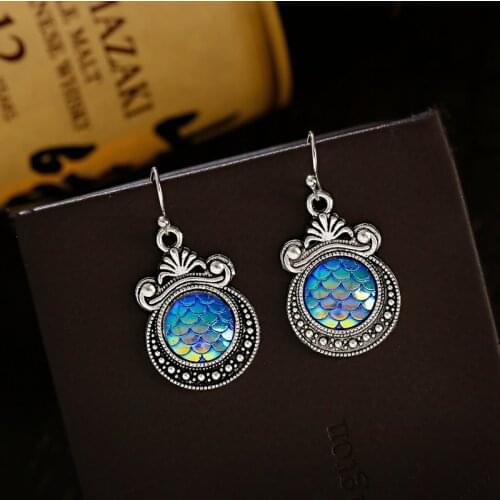 Vintage Blue Round Dangle Earrings For Women Boho Jewelry Ocean Silver Color Metal Earring Female Brincos