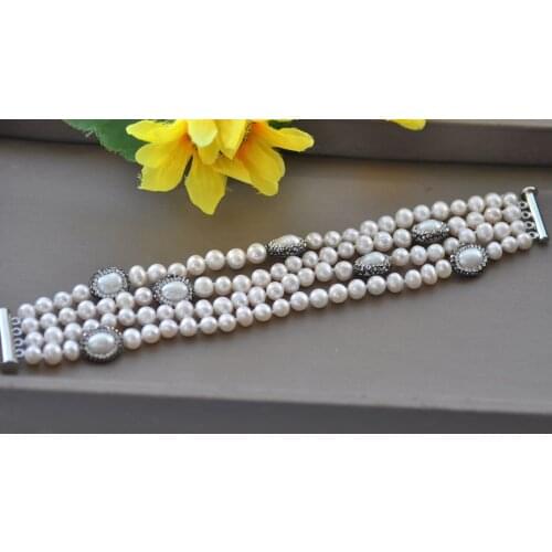 Z10630 4Row 8" 13mm White Round Freshwater CZ Pearl Bracelet