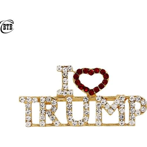 Unique Design Rhinestone Brooches for Women Red Heart Letter " I Love Trump " Words Pin Girls Coat Dress Jewelry