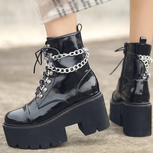 Women Ankle Boots Fashion 2021 New Metal Chain Decor Platform Thick Bottom Lace Up Females Booties Motorcycle Boots Punk Plus Si
