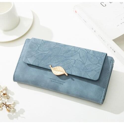Women Fashion Leaves Printing Zipper Wallets Female Metal Leaves Hasp Pu Leather Coin Purses Ladies New Frosted Letters Cards