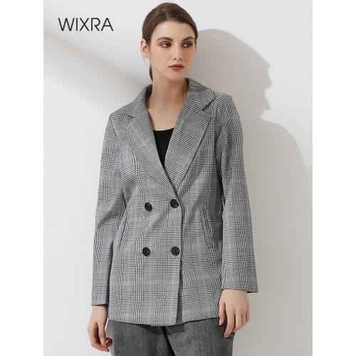 Wixra Women Plaid Casual Double Breasted Blazer Coat Turn Down Collar Pockets Female OL Chic Tops New Hot