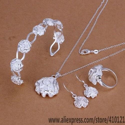 S321 Hot Sale Silver Color Fine Jewelry Sets For Women Fashion Jewelry Charms Fashion Rose Ring Drop Earrings Bangle Necklace