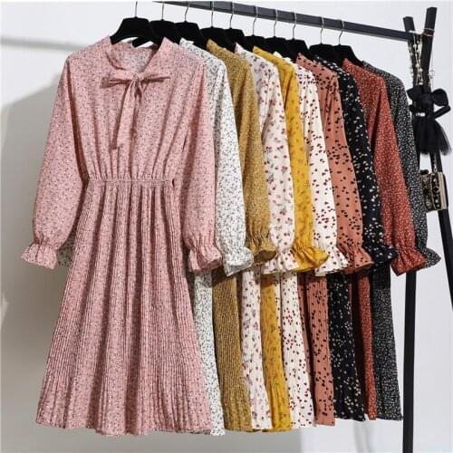 Spring Autumn Floral Print Womans Dress Long Sleeve Chiffon Ladies Dress Bow Collar Ruffles Pleated Female A-Line Midi Dresses