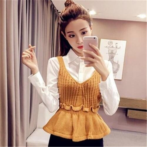 Fashion Korean Solid Color V-neck Sleeveless Knitted Sweater Vest Female Slim 2021 Autumn Winter Lotus Hollow Women Pullover