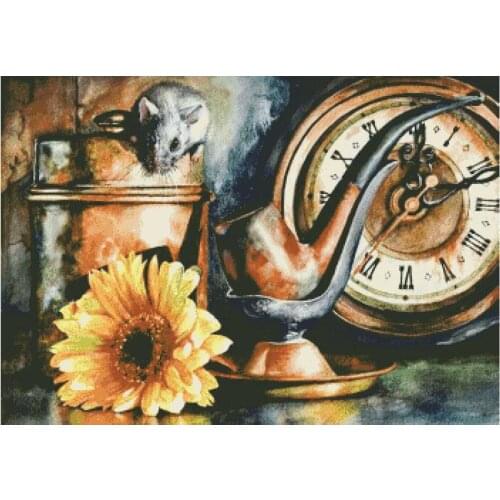 Gold Collection Counted Cross Stitch Kit Time For Pipe Ancient Clock Old Sunflower Mouse Chimera H550