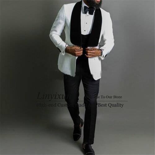 2021 White Jacquard Jacket Men Suit Slim Fit Wedding Tuxedo Custom Made Wedding Groom Party Suits Costume Homme Best Man Blazer