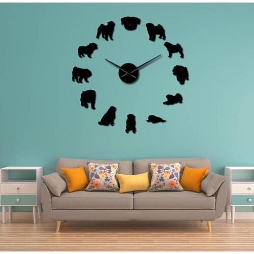 Pug Dog 3D Animals DIY Giant Wall Clock Dog Breeds Mirror Effect Puppy Wall Art Pet Shop Decor Personalized Silent Clock Watch