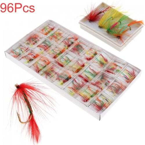 96pcs/set Feather & High Carbon Steel Dry Fly Fishing Lures Single Hooks Bait Fake Lure Rock Carp Baitcasting Fishing Tackle