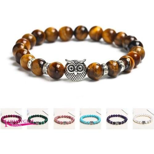 Natural Stone Bracelet Multicolor Material High Quality 8mm Round Beads Elasticity Silver Color Owl Crystal Jewelry wk307