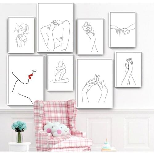 Black White Abstract Lady Line Drawing Pictures Nordic Canvas Painting Wall Art Figure Body Hand Poster and Print for Home Decor