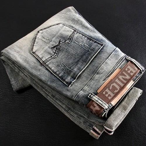 Italian Style Fashion Men Jeans High Quality Retro Distressed Slim Fit Ripped Jeans Men Patchwork Designer Vintage Denim Pants
