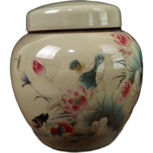 China Old Porcelain Pink Lotus Bird Pattern Covered Pot