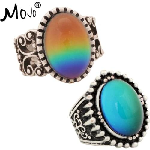 2PCS Antique Silver Plated Color Changing Mood Rings Changing Color Temperature Emotion Feeling Rings Set For Women/Men 003-015