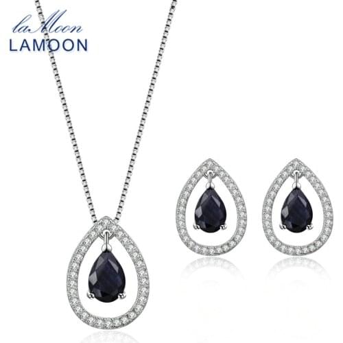 LAMOON Water Drop 100% Real Blue Sapphire Jewelry Sets 925 Sterling Silver Box Chain Pendant Necklace+Earrings For Women V040-5