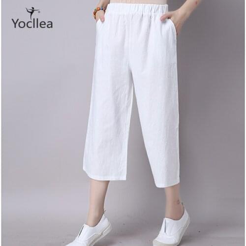 Summer Casual Pants women Cotton Linen Wide leg Pants Solid Plus size Calf-Length Pants Women Loose Elastic Waist Trousers YL255