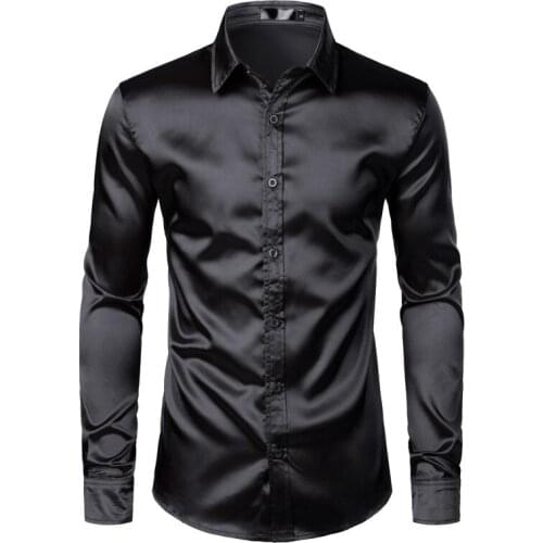Mens Black Satin Luxury Dress Shirts 2019 Silk Smooth Men Tuxedo Shirt Slim Fit Wedding Party Prom Casual Shirt Chemise Homme