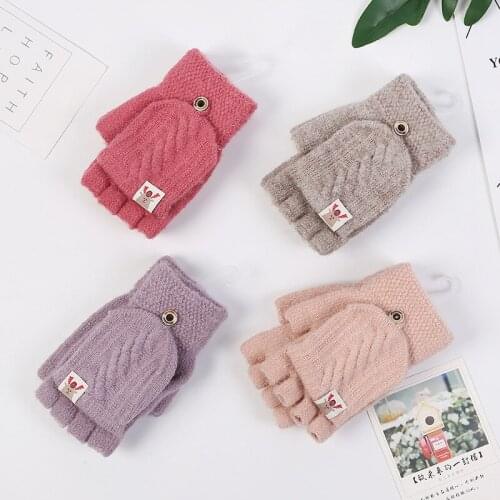Solid Color Wool Knitted Fingerless Gloves Winter Warm Flexible Flip Exposed Half Finger Glove Soft Mittens Lady Female Gloves