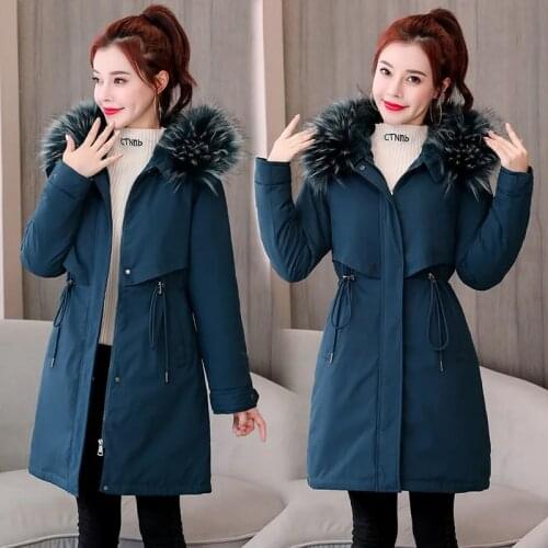 6XL 2021 New Cotton Liner Parker Parka Fashion Adjustable Waist Fur Collar Winter Jacket Women Long Hooded Parka Coat Plus Size