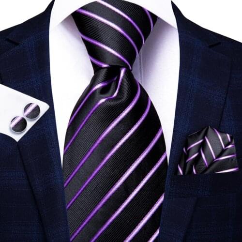 Hi-Tie Black Purple Striped Silk Wedding Tie For Men Handky Cufflink Fashion Novelty Design Tie For Men Necktie Business Party