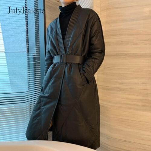 JulyPalette Genuine Leather Sheepskin Down Coat 2021 Winter Long V-neck Casual Sashes Women Parkas Real Leather Outwear Thicken