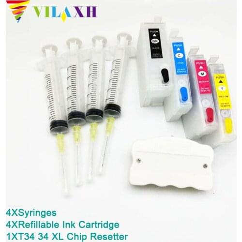 Vilaxh 4pcs WF3725 Refillable Ink Cartridge Without Chip + T34 34 XL Chip Resetter For Epson WF-3725DWF WF3725 WF3720 WF-3720DWF