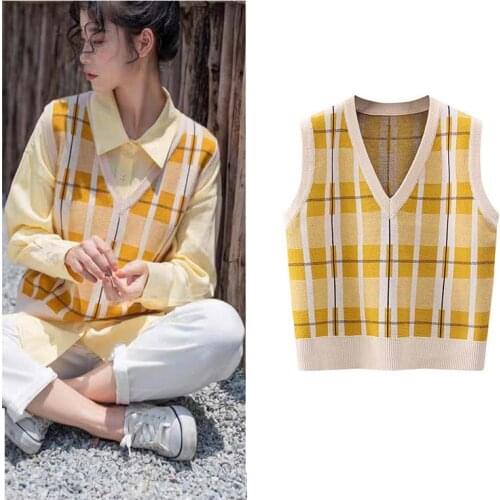Vintage Vests Women Plaid Student V-neck Knitted Vest Autumn Korean Sleeveless Knitted Sweater Poullovers Female Short Outwear