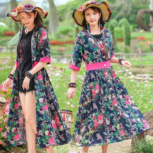 2021 Summer Ethnic Style Large Size Retro Printed Cotton And Linen Sunscreen Shirt Travel Windbreaker Jacket Women Tops zh1369