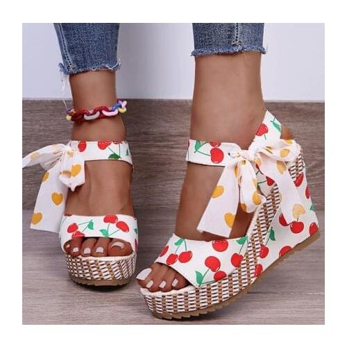 Hot Sale 2021 Summer New woman Fashion Elegant PU Leather Print Open Toe Lace Up Slope Heel Sandals Romantic vintage Style