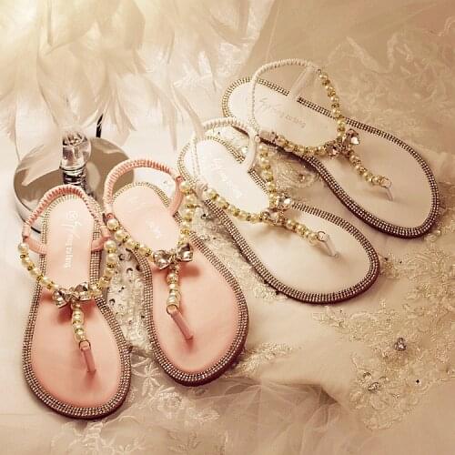 Koovan Womens Sandals 2020 New Pearl Rhinestone Flat Sandals Women Summer Clip Toe Fairy Flat Travel Beach Vacation Wild