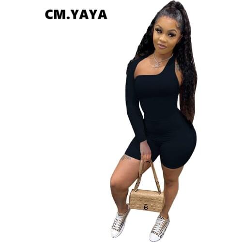 CM.YAYA Women Playsuit Solid One Shoulder Full Sleeve Skew Collar Playsuits Sexy Fashion Romper One Piece Overalls Summer Outfit