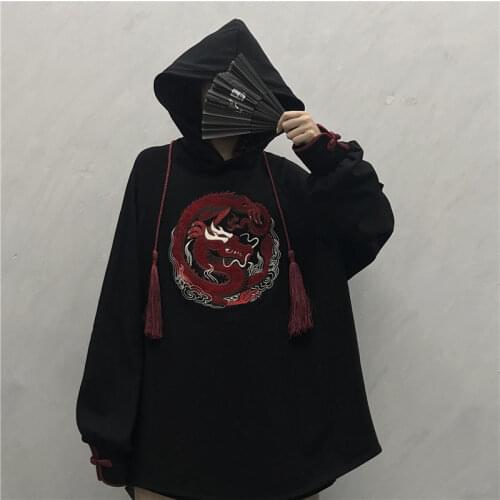Chinese Style Embroidery Loose Sweatshirt Women Autumn Winter 2020 New Hooded Disc Button Lantern Sleeve Top Kimono Japanese