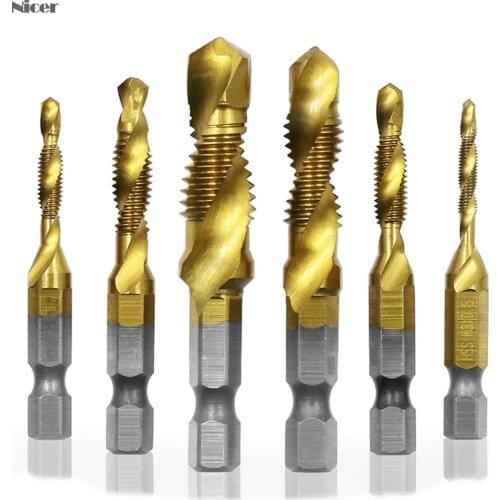 6Pcs M3-M10 Hex Shank Titanium Plated HSS Screw Thread Metric Tap Drill Bits