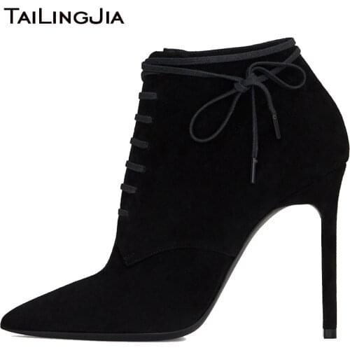 Black Boots For Woman Faux Suede High Heel Pointed Toe Ankle Boots Lace Up Heel Booties Ladies Spring Autumn Plus Size Shoes