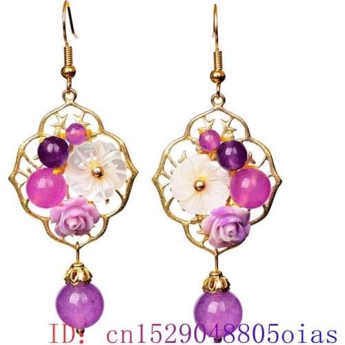 Purple Jade Flower Earrings 925 Silver Fashion Natural Women Chalcedony Charm Amulet Gifts Gemstone Crystal Zircon Jewelry