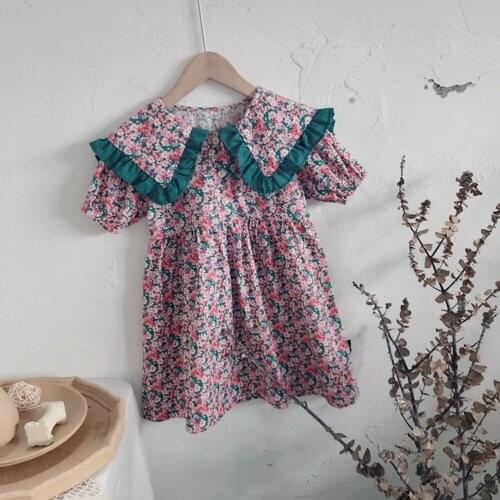 Hollead Girls Doll Collar Dresses Summer Floral Dress A-Line Loose Costume Baby Girls Cotton Casual Dresses For 1-7Y Children