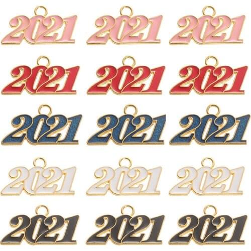 Julie Wang 5PCS Enamel Year Number 2021 Charms Mixed Colors Alloy Pendants Jewelry Making Necklace Earrings Accessory