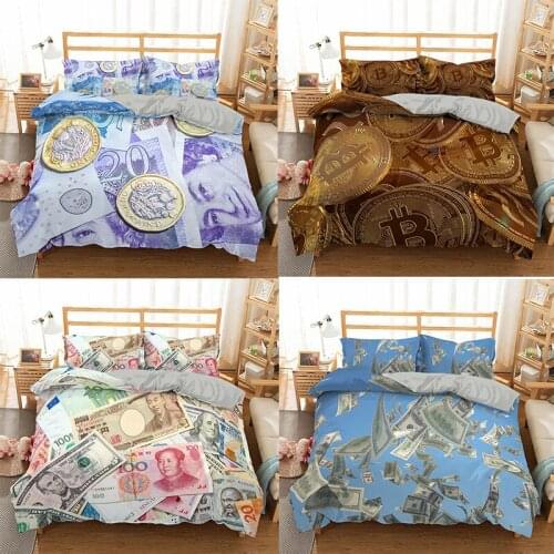 3D Modern Currency Printed Bedding Set US Dollar RMB And UK Pound Coin Pattern Duvet Cover Pillowcase Funny Rich Men Bedclothes
